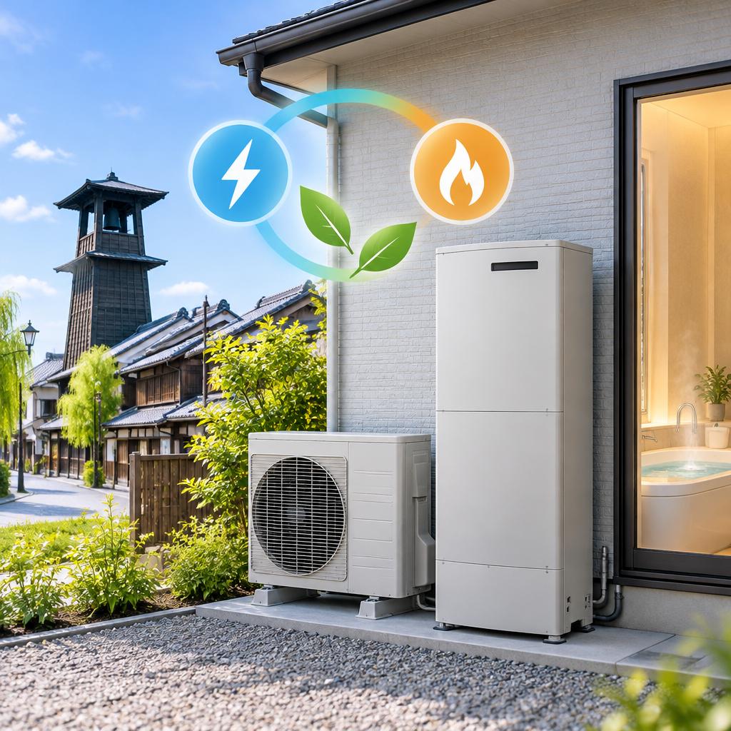 川越市でハイブリッド給湯器へのリフォームをお考えなら。電気とガスを賢く併用し、給湯省エネ補助金の活用もご相談ください！