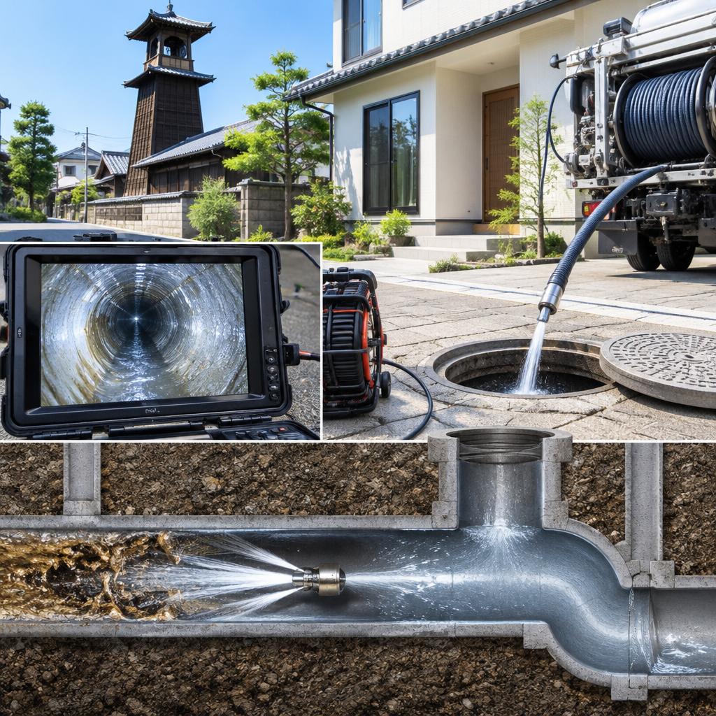 川越の戸建て排水管を、見えないところまで大掃除。高圧洗浄と管内カメラ調査で、油脂詰まり・悪臭の不安をすっきり解消！