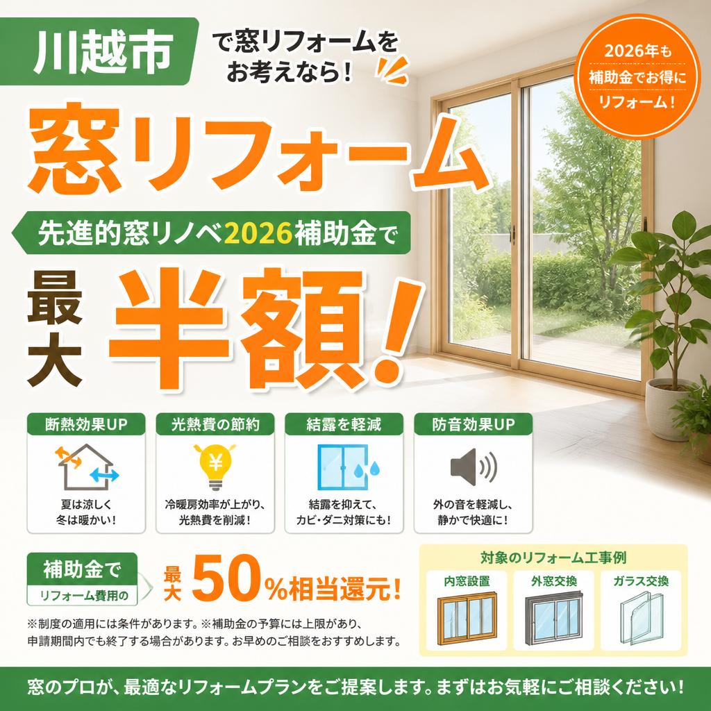 川越市で窓リフォームをお考えなら！先進的窓リノベ2026補助金で最大半額！