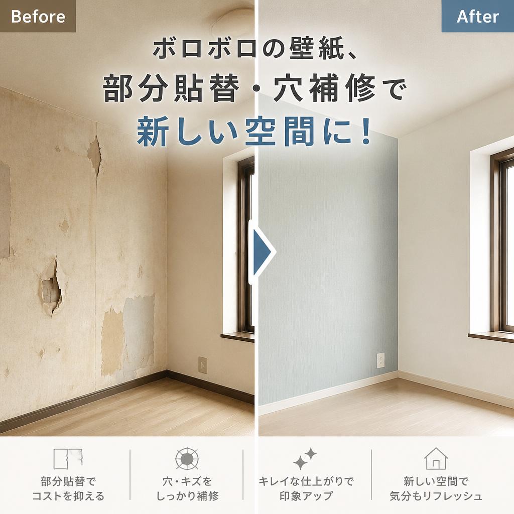 ボロボロの壁紙、部分貼替・穴補修で新しい空間に！