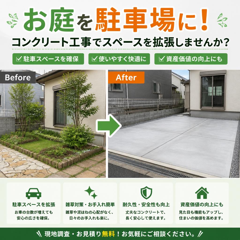 お庭を駐車場に！コンクリート工事でスペースを拡張しませんか？