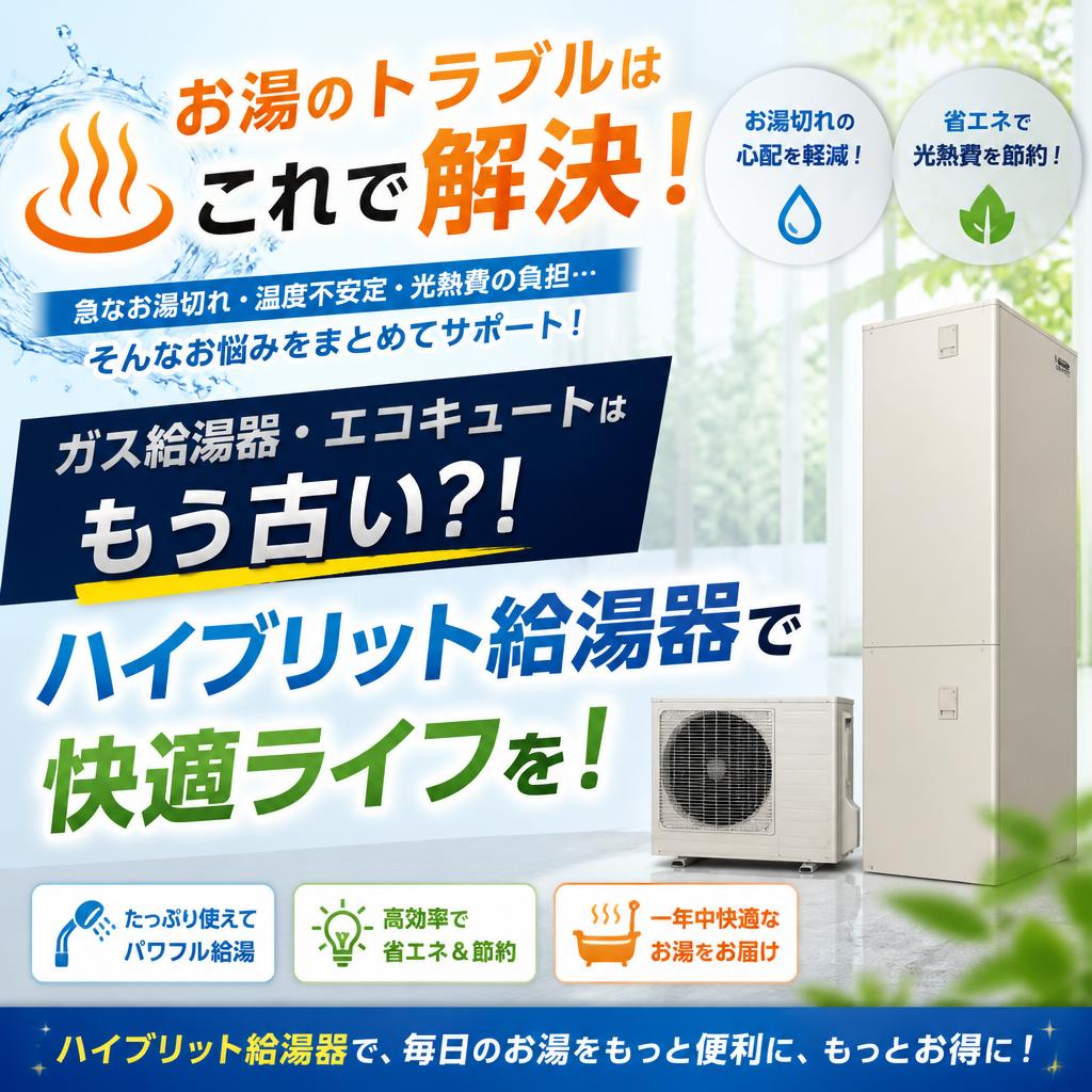 お湯のトラブルはこれで解決！\nガス給湯器・エコキュートはもう古い？！ハイブリット給湯器で快適ライフを！