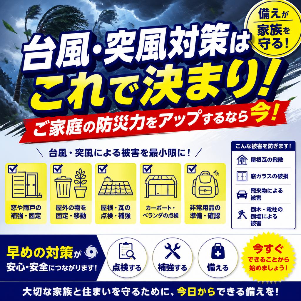 台風・突風対策はこれで決まり！ご家庭の防災力をアップするなら今！