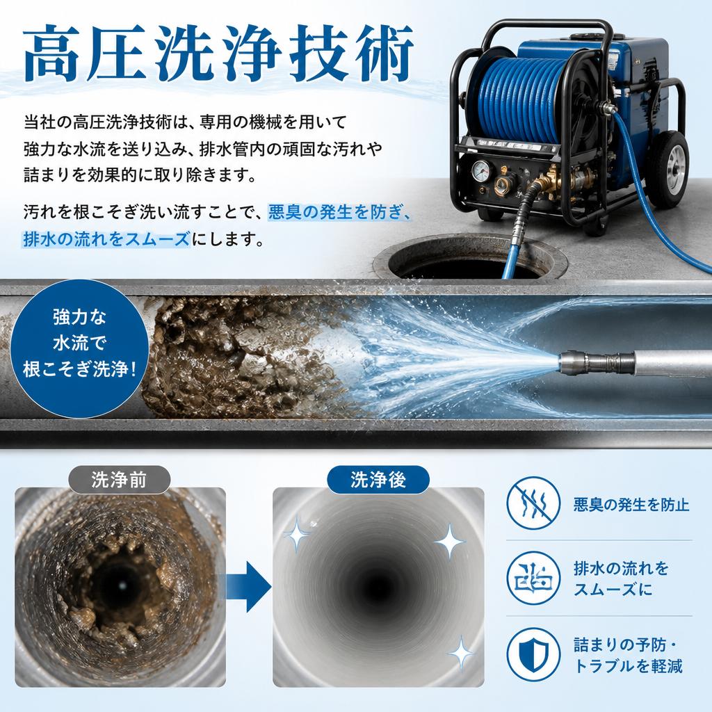高圧洗浄で排水管を一掃！
