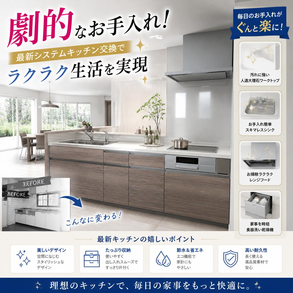 劇的なお手入れ！最新システムキッチン交換でラクラク生活を実現
